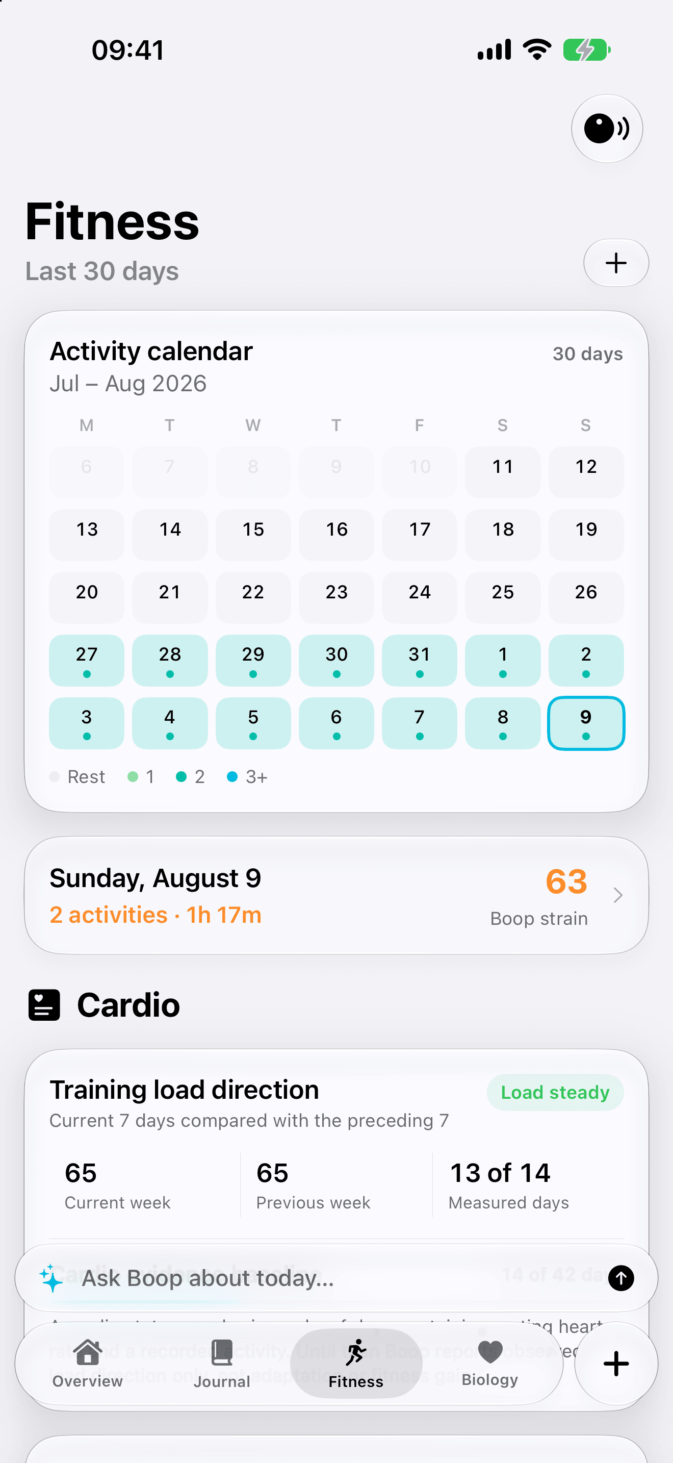 Boop Fitness with an activity calendar and training history