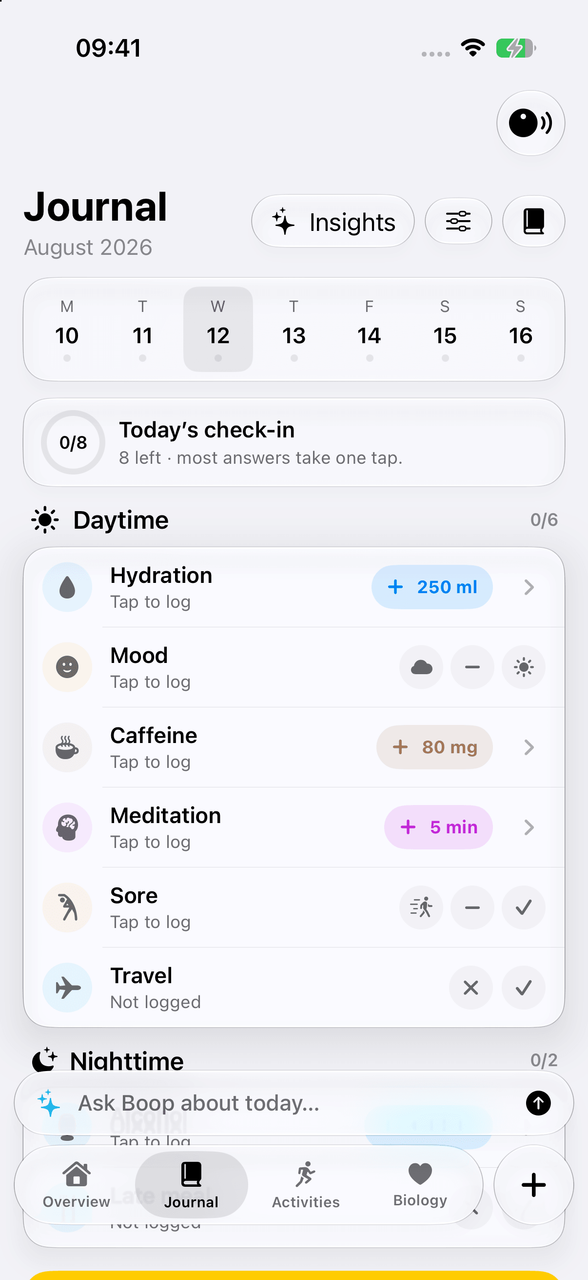 Boop Journal with daily check-ins and personal context