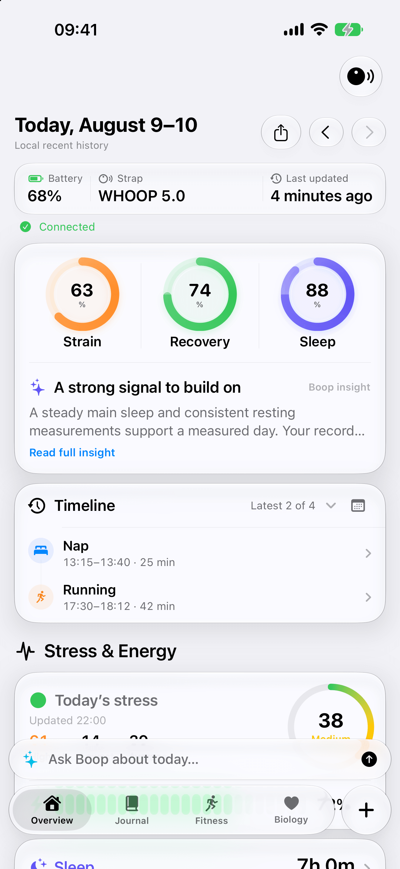 Boop Full day overview with Sleep, Recovery, Strain, and an activity timeline