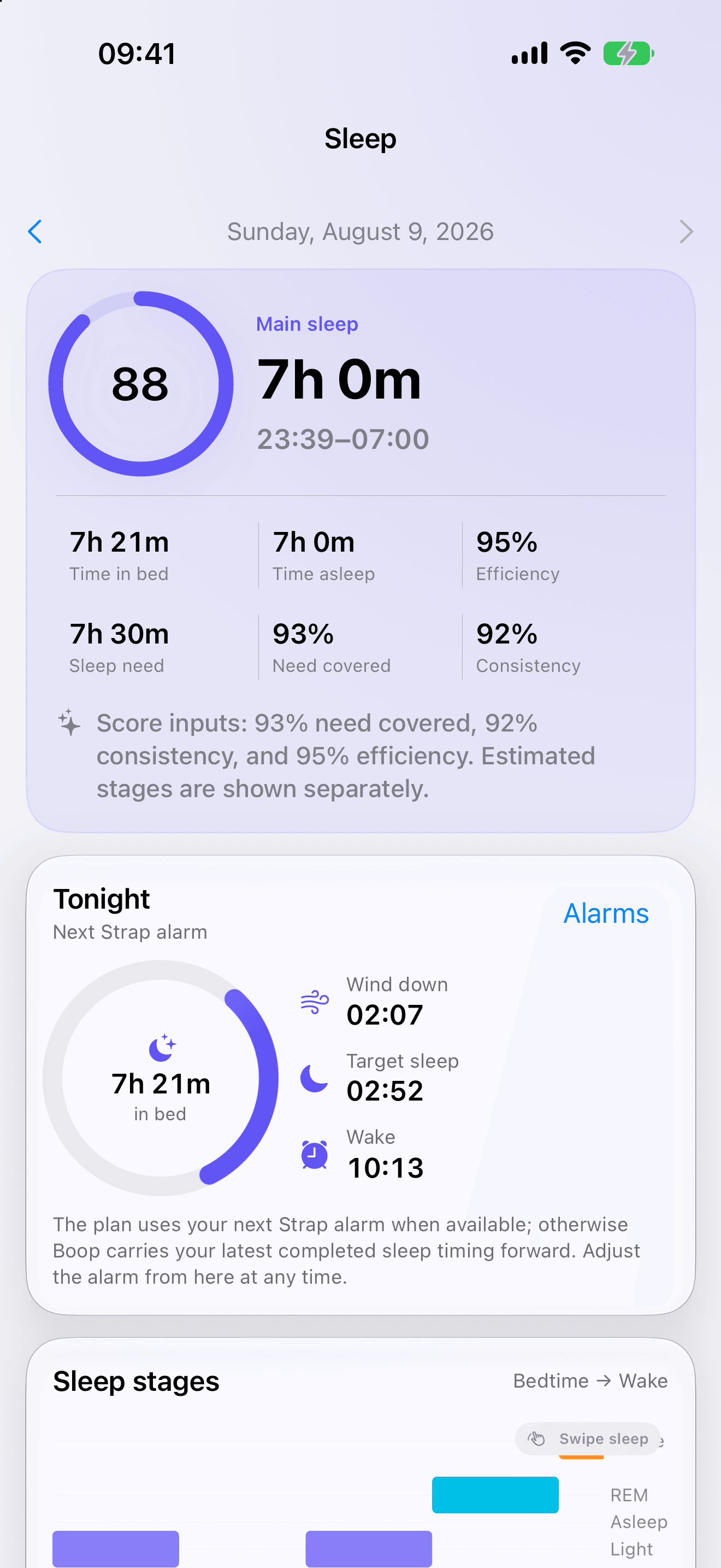 Boop Sleep with main sleep duration, consistency, and estimated stages