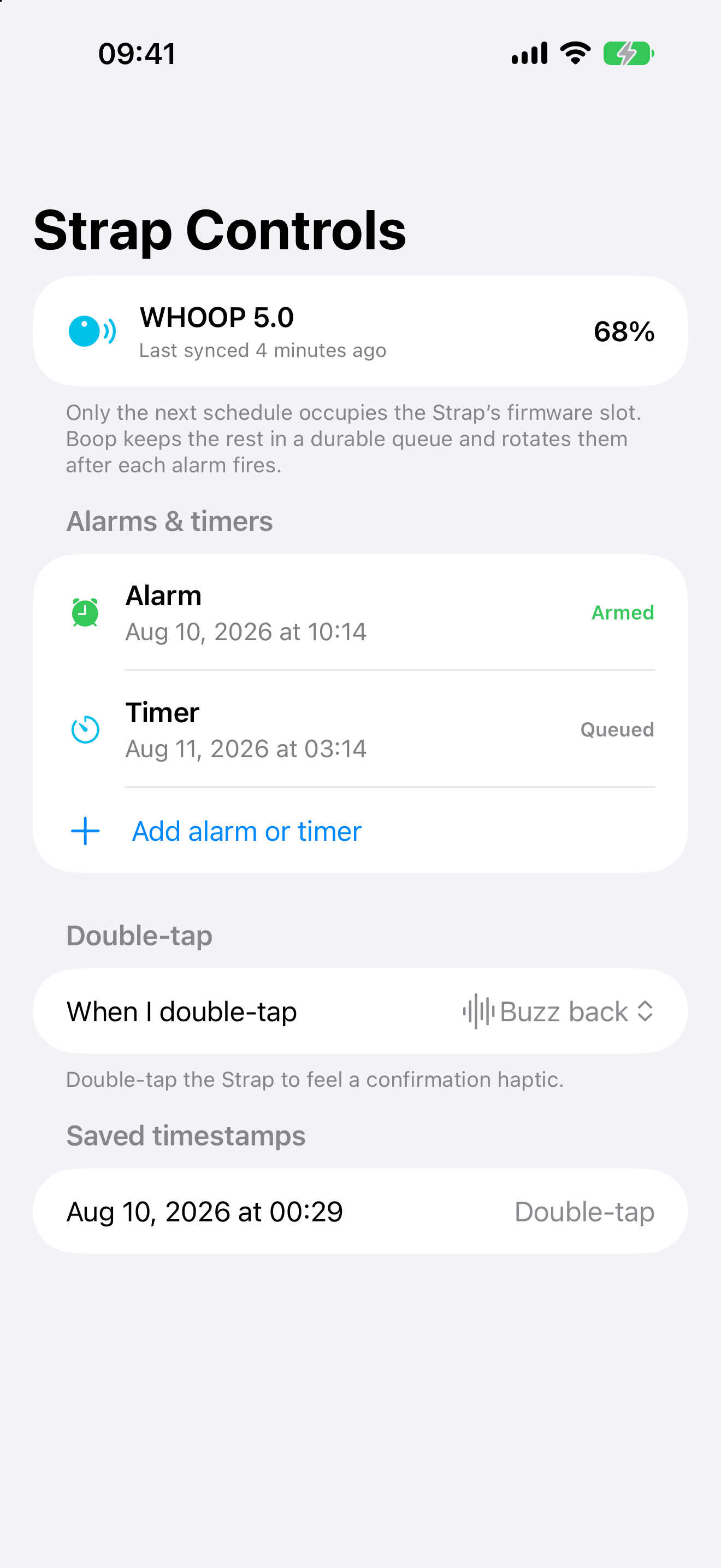 Boop Strap Controls showing battery, alarms, and double-tap settings